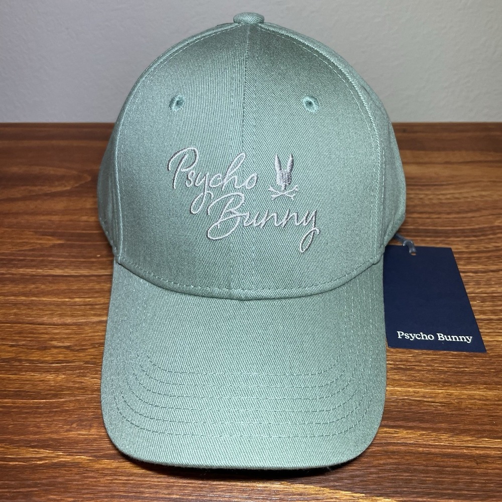 Psycho Bunny Hat Green (Sea Spray) Desert Cap Adjustable Script Font NEW